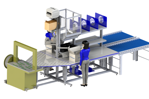 3D-Animation einer Verpackungsintegration mit Packtisch