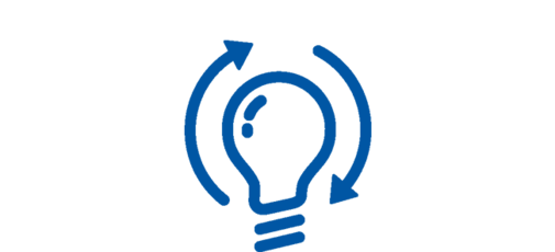 Ein blaues Symbol mit einer Glühbirne und zwei Pfeilen, die einen Kreis bilden